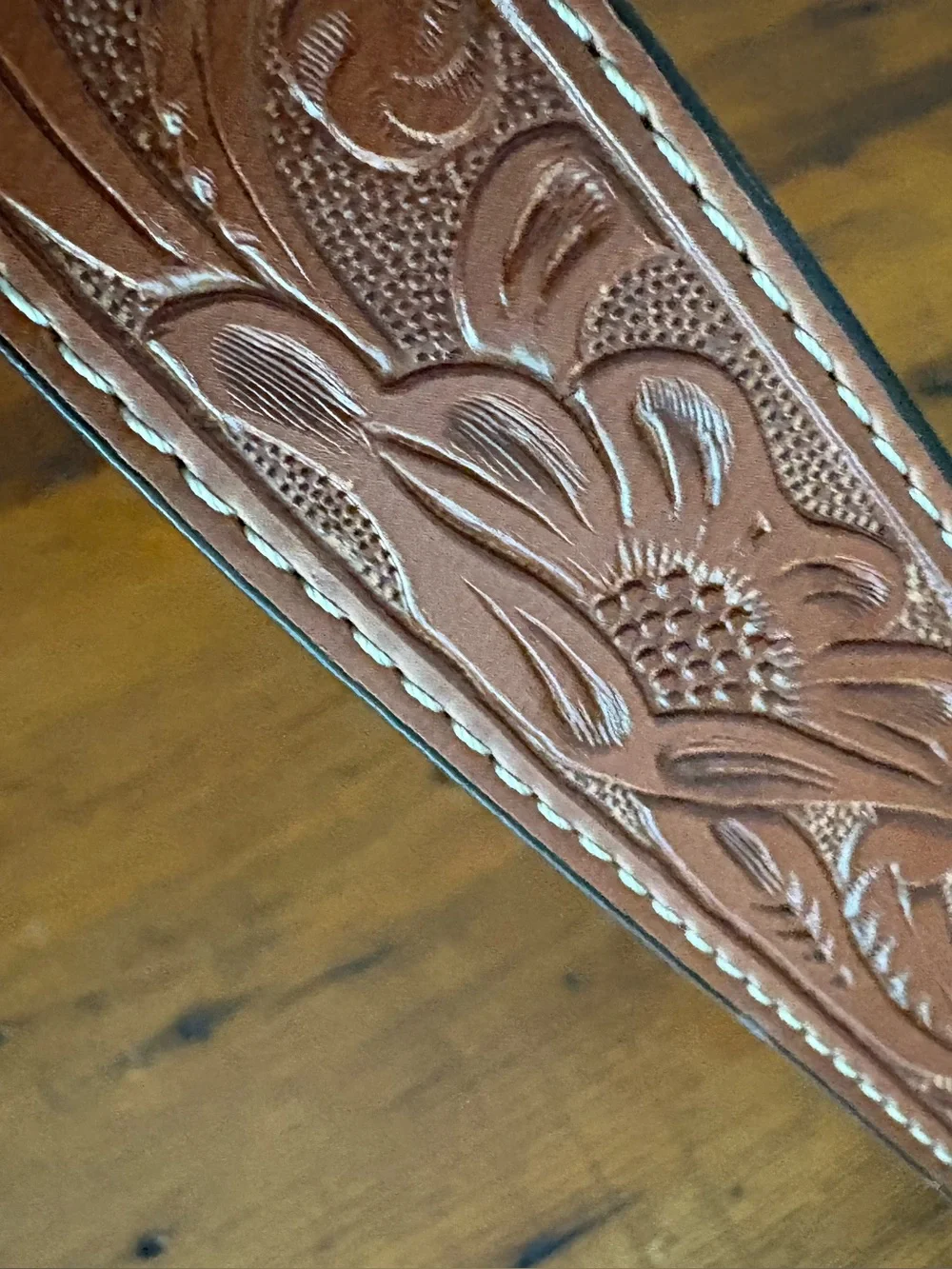 Men’s Bonded Leather Tooled Western Brown Belt Silver Buckle Sz XXL